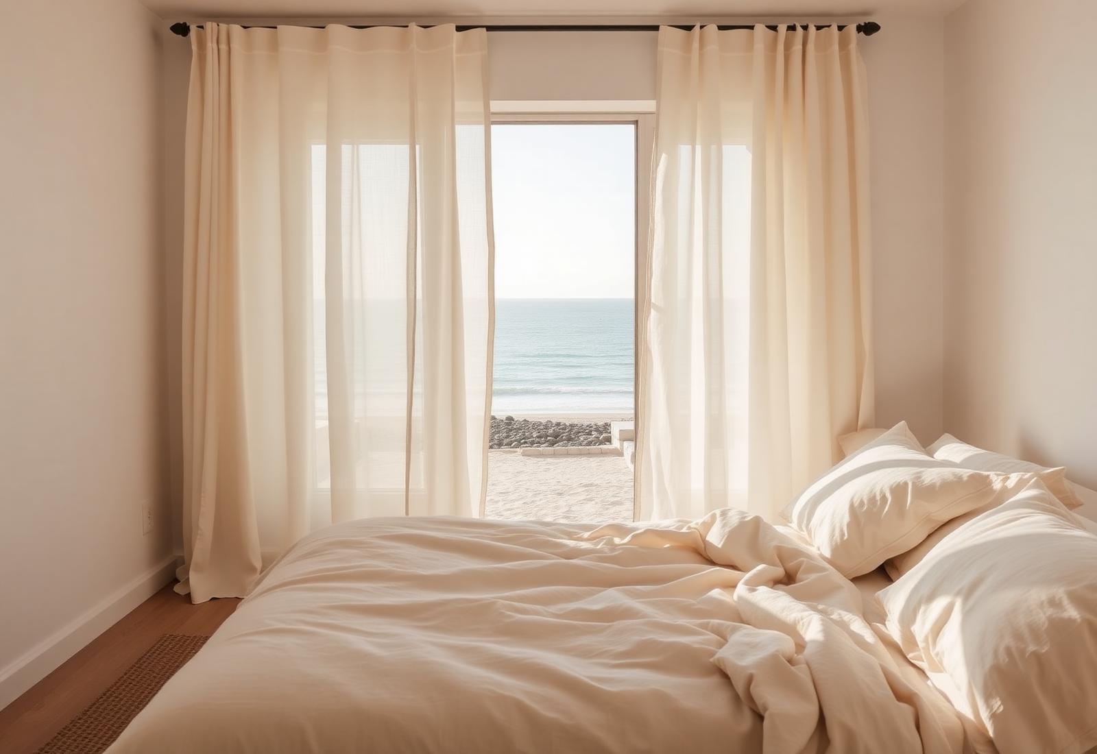 A linen-draped bed in a minimalist coastal beach house, morning light through sheer curtains, ocean beyond.