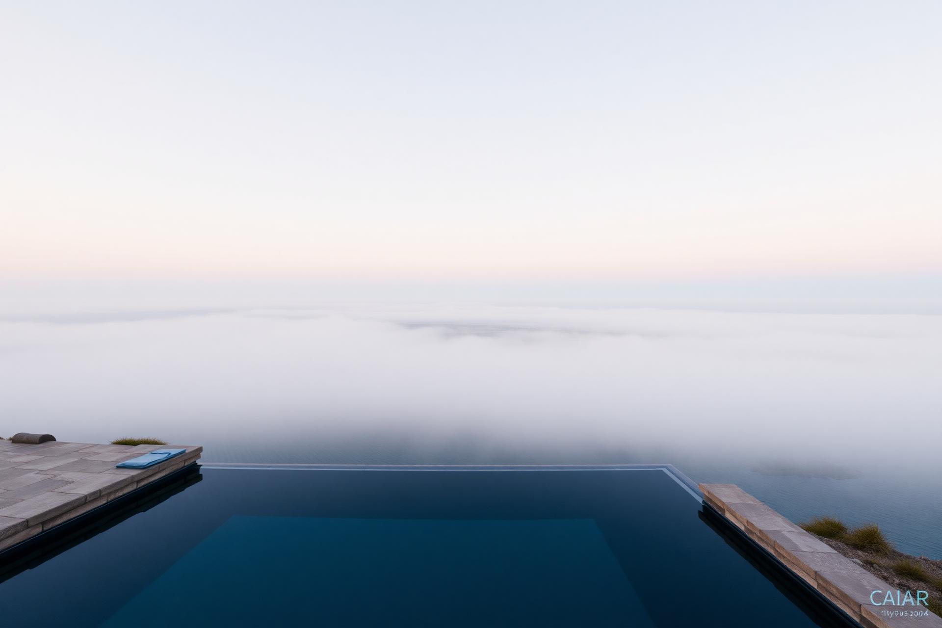 A quiet clifftop infinity pool at dawn overlooking mist on the Australian coast.
