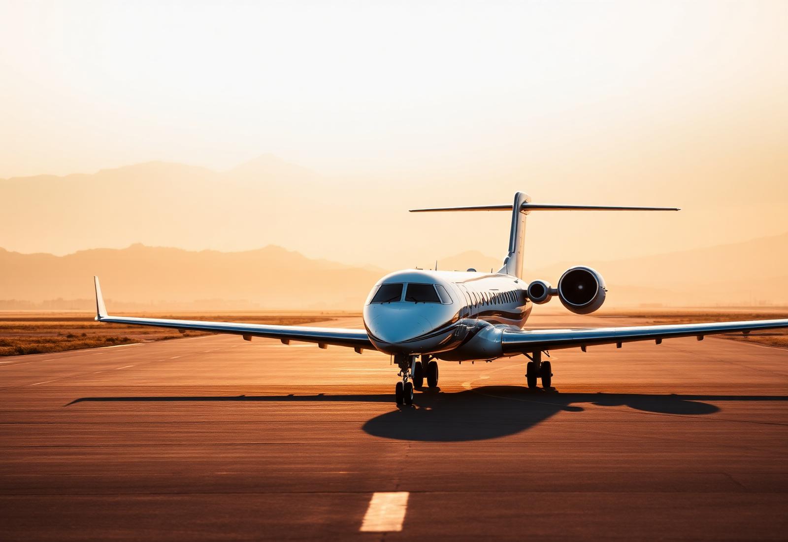 A private jet resting on a remote tarmac at golden hour, distant mountains in haze.