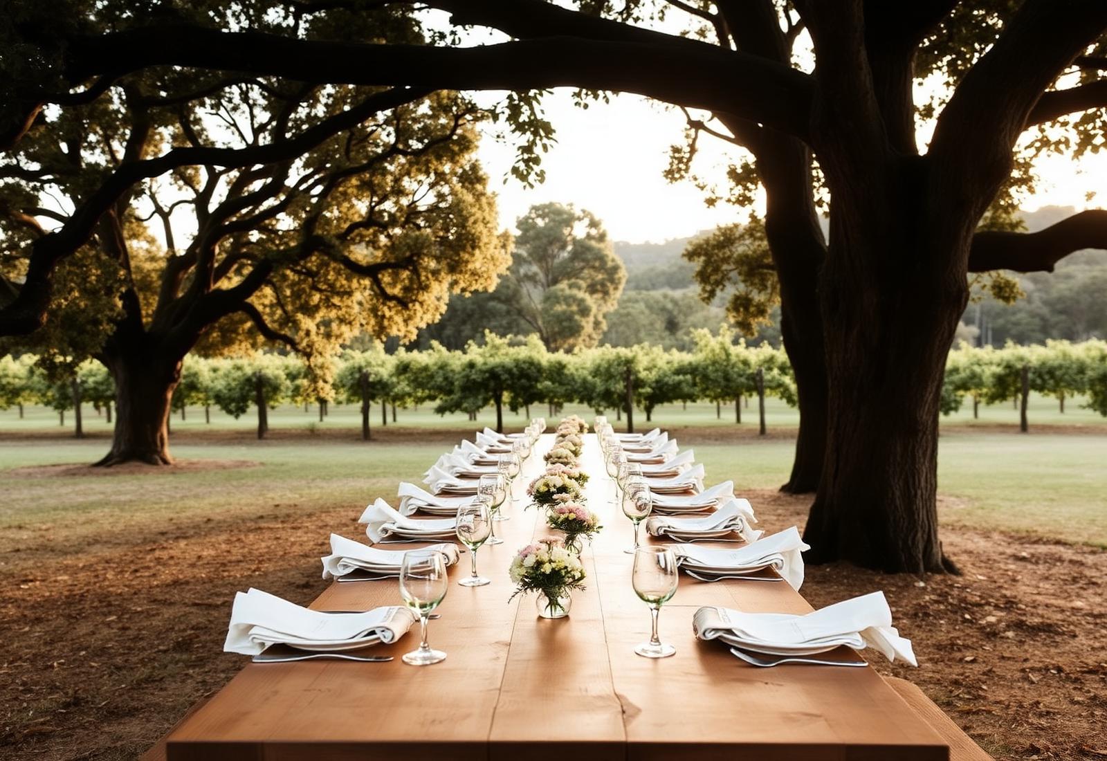 A long timber table set for lunch under a canopy of gum trees on an Australian vineyard.