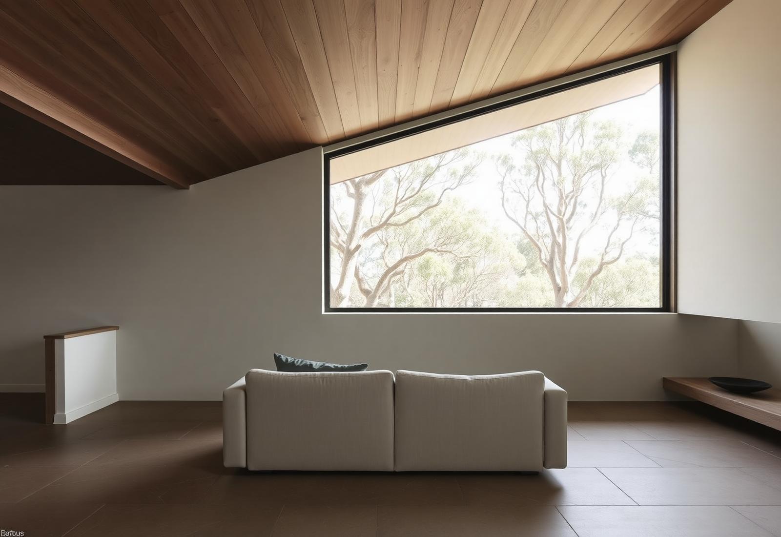A minimalist Australian coastal residence with a large timber-framed window opening onto eucalyptus.